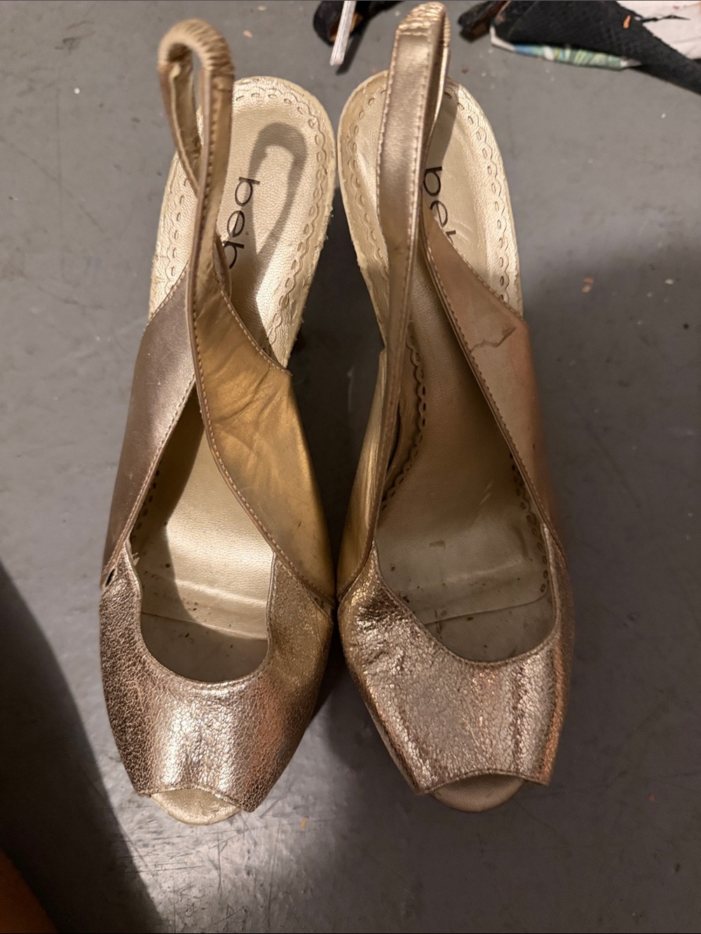 bebe Metallic Gold Peep-Toe Slingback Heels